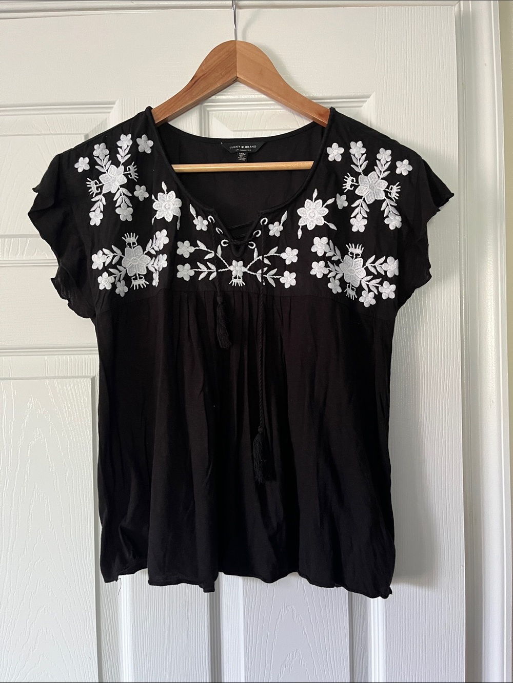 Lucky Brand Black Blouse with White Floral Embroidery